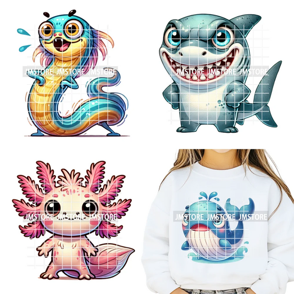 15cm 5.9in Cute Sea Underwater Animal Quirky Fish Octopus Decals Washable Iron On DTF Heat Transfers Stickers For Kids T-Shirts