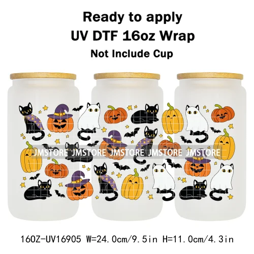 Spooky Season Halloween Pumpkin Ghost Witch Dogs UV DTF Wraps Transfer Sticker Selfadhesive Waterproof For 16OZ Libbey Glass Can