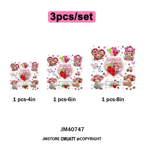 Sweet Strawberry Friends 80s Girl Cartoon Pink Coquette Bows Iron on DTF Washable Transfers Stickers Ready to Press for Clothing