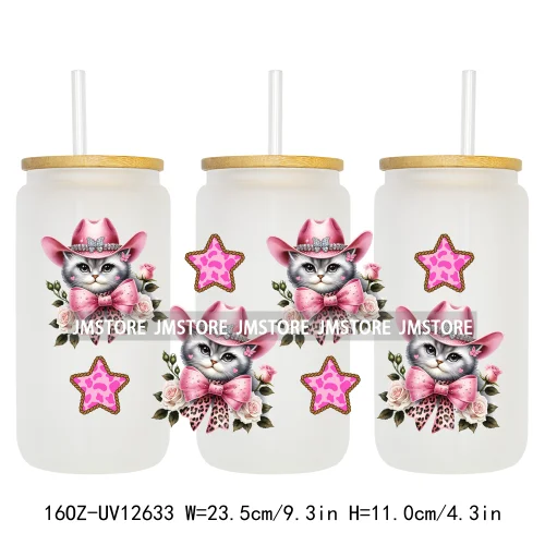 Western Howdy Cat Coquette Girly Dog Bow  16OZ UV Cup Wrap DTF Transfer Stickers Waterproof For Libbey Glass Can Cups Tumbler