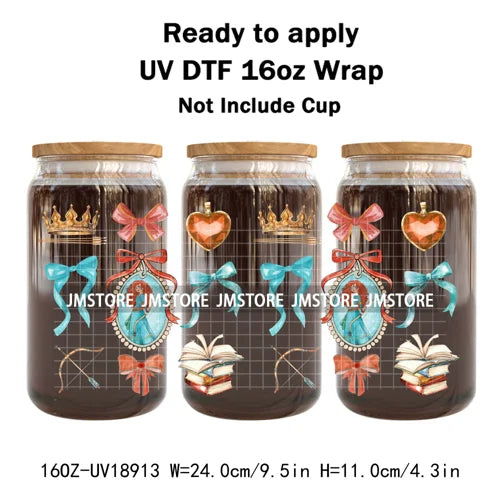 Coquette Bow Cartoon Princess Mirror UV DTF Cup Wrap Ready To Apply Transfer Stickers Waterproof Logo For 16OZ Libbey Glass Can