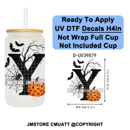 Polka Dot Pumpkin Halloween Letter Coquette UV DTF Decals Ready To Apply Waterproof Transfer Stickers For 16OZ Libbey Glass Can