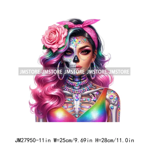 Raninbow Diamond Glamor Latina Skeleton Woman Rose Chicana  Earing Girls DTF Iron On Heat Press Transfer Stickers For Clothes