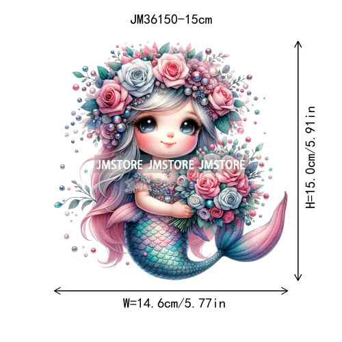 15cm 5.9in Cute Kid Flower Mermaid Iron On DTF Heat Transfer Sticker For Clothes Printed Thermal Applique Washable T-Shirt Decal