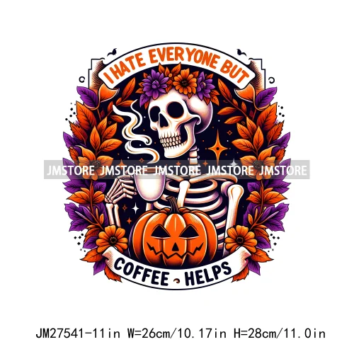 Colorful Coffee Skull Stay Spooky Pumpkin Witch Ghouls Halloween Season Designs DTF Iron On Transfers Stickers For Clothing Bags