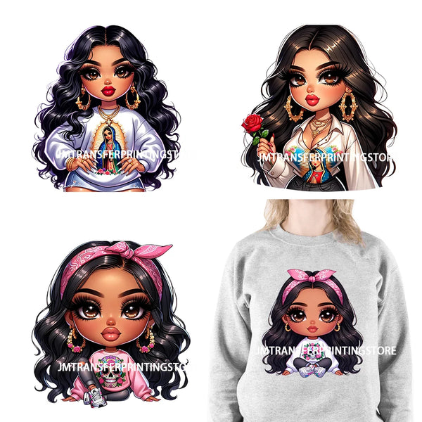 Chibi Cute Chicana Doll Guadalupe Lady Skull Latina Woman Cold Peel Decals Iron On DTF Transfers Stickers For Shirts Bags Pillow