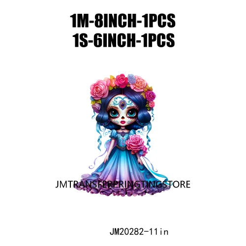 Cute Doll La Catrina Day Of The Dead Sugar Skull Mexican Halloween Iron On DTF Transfer Stickers Ready To Press For Hoodies Bags