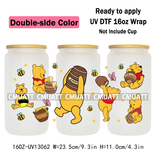 Double Side Color Cartoon Bear UV DTF Cup Wraps For 16oz Libbey Glass Mugs Can Beer DIY Customized Selfadhesive Stickers