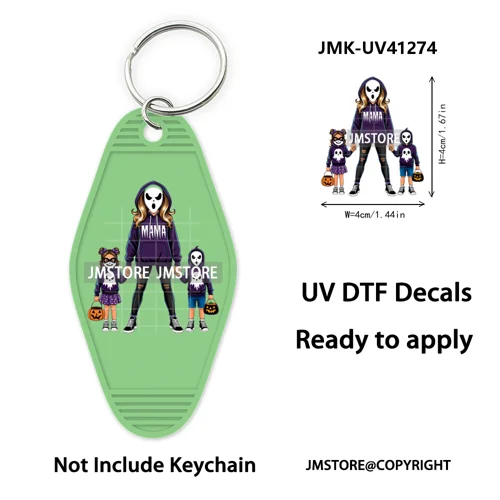 Halloween Horror Mama Kids Ghost Girl Coffee UV DTF Motel Keychain Decal Ready To Ship Transfer Sticker Print For Hotel Keychain