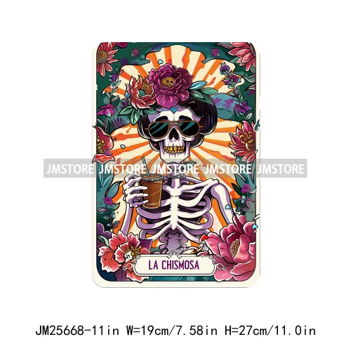 Custom Flower La Chismosa Dog Cat Lover Badass Skull Tarot Card  DTF Iron On Heat Transfers Stickers Ready To Press For Hoodies