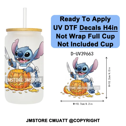 Halloween Cartoon Characters UV DTF Transfer Stickers Decals Ready To Apply Waterproof For 16OZ Libbey Glass Can Cups Tumbler