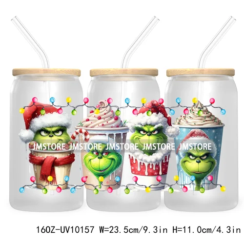 Christmas Coffee Cups Green Guy 16OZ UV Cup Wrap DTF Transfer Stickers For Libbey Glass Can Cup Tumbler Waterproof Label Cartoon