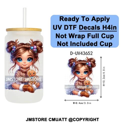 Floral Christmas Latina Chibi Girl UV DTF Transfer Stickers Decals Ready To Apply Good Quality Prints For Libbey Cold Cup Mugs