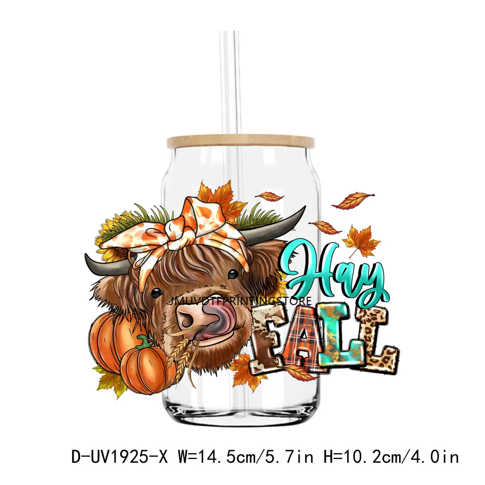 Howdy Fall Highland Cow Pumpkin UV DTF Transfers Stickers Decals For Libbey Cold Cups Mugs Tumbler Waterproof DIY Craft