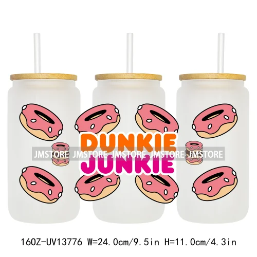 Dunkie Junkie Coffee Donuts UV DTF Wraps Transfer Sticker Selfadhesive Waterproof High Quality For 16OZ Libbey Glass Can Tumbler