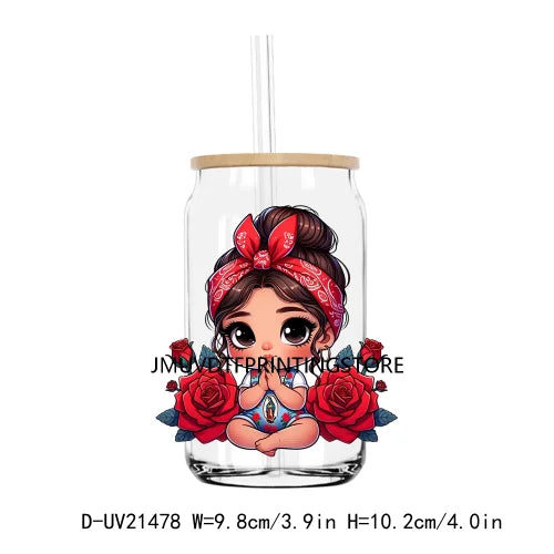 Chibi Cute Chicana Doll With Rose UV DTF Transfers Stickers Decals For Libbey Cold Cups Mugs Tumbler Mexico Waterproof DIY Logo