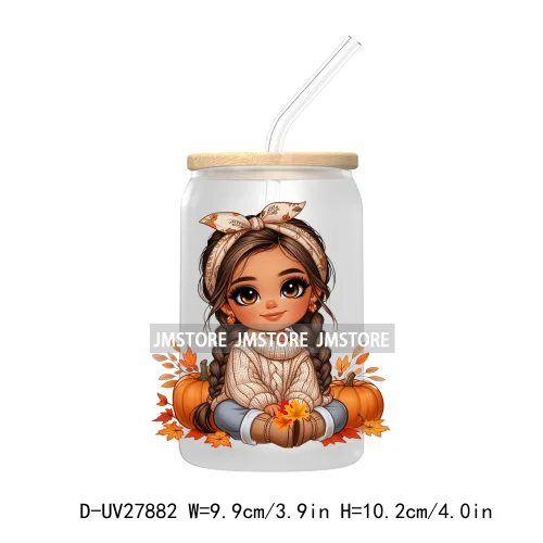 Latina Chibi Autumn Baby Little Girl UV DTF Transfer Stickers Decals For Libbey Cold Cups Mugs Tumbler Fall Vibes Pumpkin Season