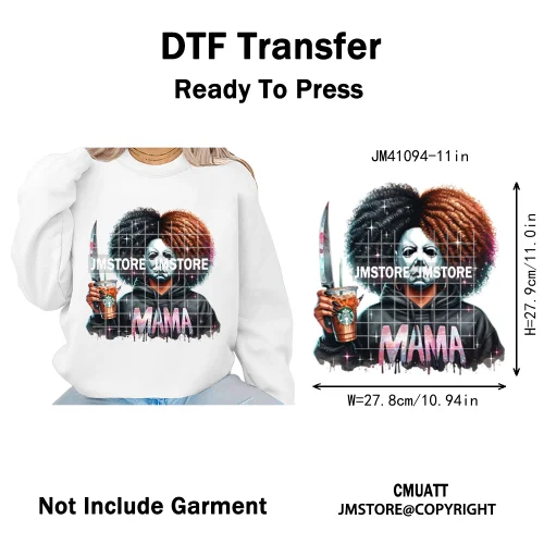 Horror Afro Mama Coffee Lover Scary Girly Killer Halloween Movie Iron on DTF Transfers Stickers Ready to Press for Textile Bags