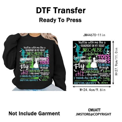 Pink and Green Magic Broomstick Witches Movie Fans Iron on Washable DTF Heat Transfers Stickers Ready to Press for Sweatshirts