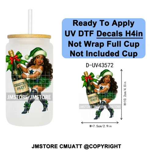 Fashion Black Girl Christmas Party UV DTF Cup Decals Ready To Apply Transfer Stickers Durable Custom Prints For Libbey Glass Can
