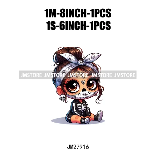 Halloween Skeleton Latina Baby Chibi Hispanic Girls Spooky Season DTF Iron On Transfers Stickers Ready To Press For Clothing