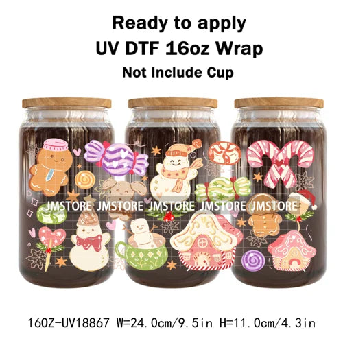 Funny Christmas Sweet Dessert UV DTF Cup Wrap Ready To Apply Transfer Sticker Waterproof 16OZ Tumbler Wraps For Libbey Glass Can
