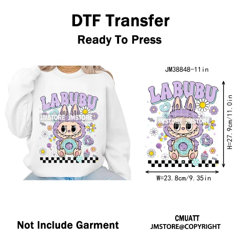 Floral Cute Checkered Cartoon Monster Character Iron on DTF Washable Transfers Stickers Designs Ready to Press for Textile Bags