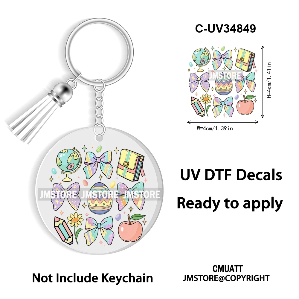 Happy Easter School Teacher Life Retro Coquette Easter Bunny WaterProof UV DTF Sticker For Round Circle Acrylic Keychain Keyring