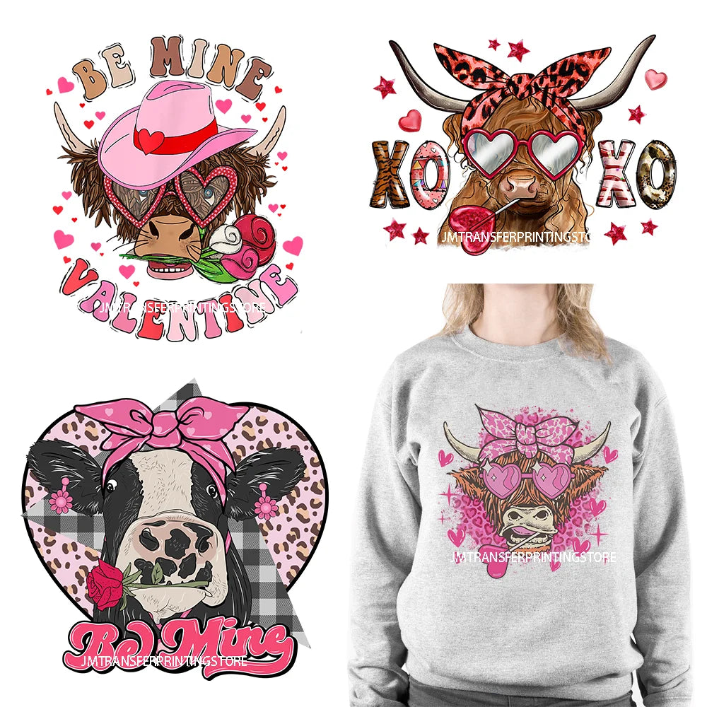 Hot Sale Western Highland Cow Pink Be Mine Heifer Valentine Printing DTF I Love Moo XOXO Heat Transfer Stickers For Hoodies