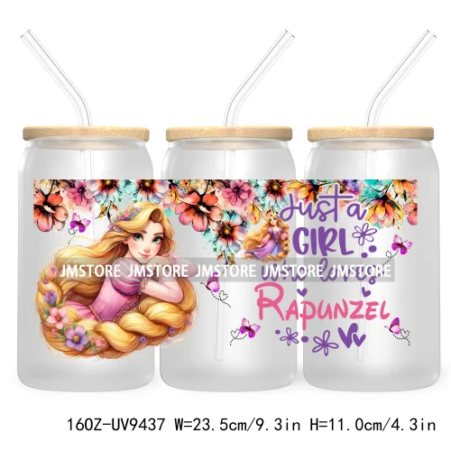 Just A Girl Who Loves Cartoon Princess 16OZ UV Cup Wrap DTF Transfer Stickers For Libbey Glass Can Cups Tumbler Waterproof Label