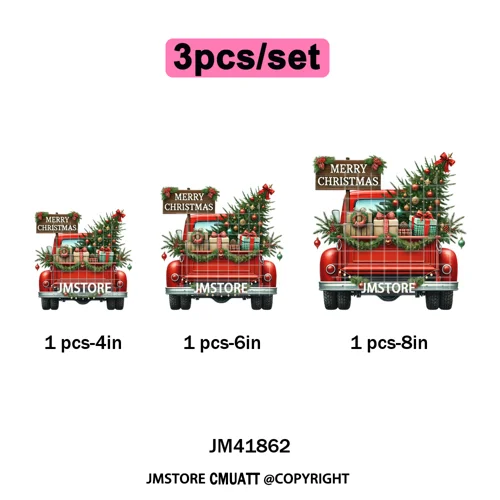 Christmas Pickup Truck Car Winter Tree Snowy Holiday Decoration Iron on DTF Heat Transfers Stickers Ready to Press for Clothing