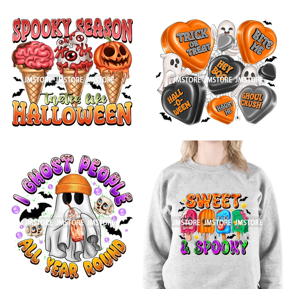 Sweet Spooky Ice Cream Season Ghost Boo Halloween Creepy People Trick Or Treat Candy DTF Iron On Transfers Stickers For T-shirts