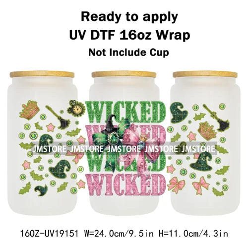 Coquette Green Pink Wicked Witch 16OZ UV DTF Cup Wraps Ready To Apply Waterproof Transfer Stickers For Libbey Glass Can Tumbler