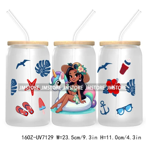 Cartoon Princess's Summer Vacation 16OZ UV DTF Cup Wrap Transfers Stickers For Libbey Glass Can Cups Tumbler Waterproof Craft