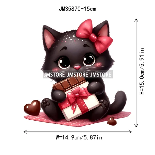 15cm 5.9in Kids Cute Flower Heart Love Valentine Black Cat Iron On Heat Transfer Sticker For Clothes Print Vinyl Washable Decal
