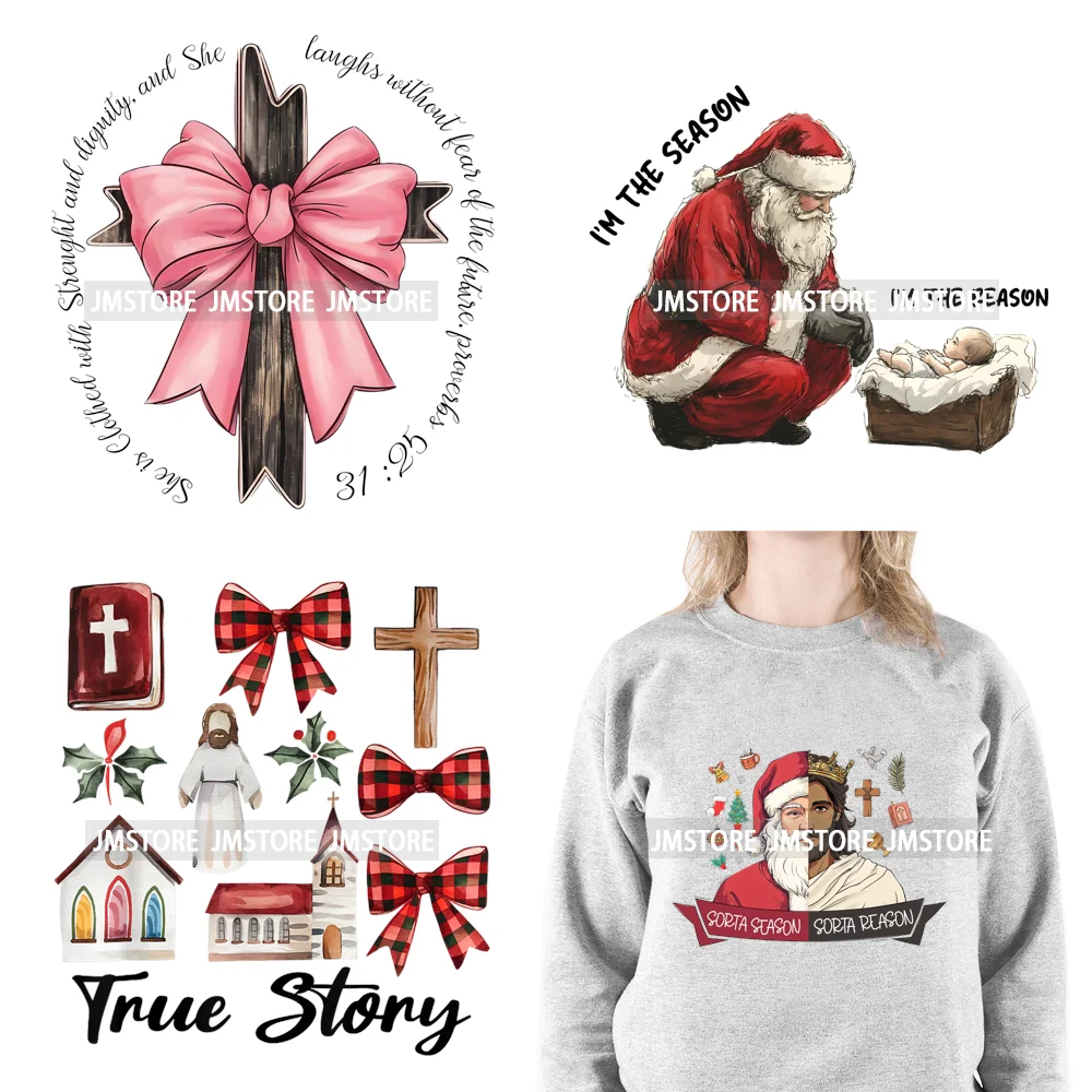 Christian Jesus True Story Religious Bible Verse Santa Christmas Saying Iron On DTF Transfer Stickers Ready To Press For Hoodies