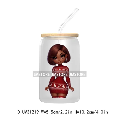 Afro Black Woman Christmas UV Sticker Decals For Libbey Cold Cups Mugs Tumbler Transfer Stickers Waterproof Labels Fashion Girls