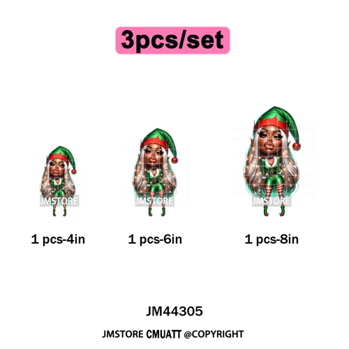 Sassy Black Girl Santa Christmas Bright Gingerbread Iron on Washable DTF Heat Transfers Stickers Ready to Press for Sweatshirts