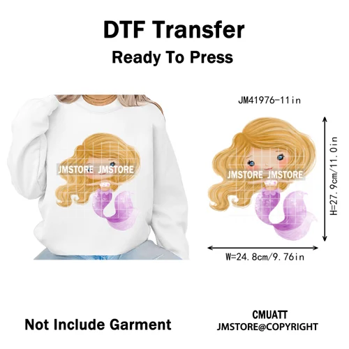 Cute Winter Christmas Girls Baby Mermaid Kids Cartoon Character Iron on DTF Washable Transfers Stickers Ready to Press for Texti