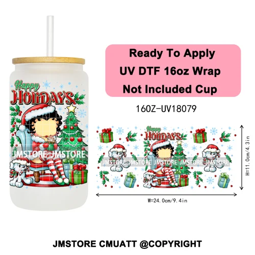 Christmas Cartoon Princess Merry Greenmas 16OZ UV DTF Cup Wraps Ready To Apply Waterproof Transfer Stickers For Libbey Glass Can