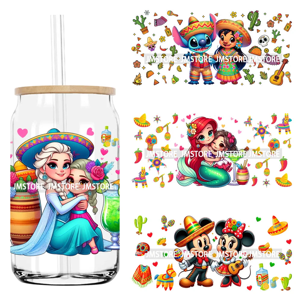 Cartoon Princess Cinco De Mayo Mexican UV DTF Sticker For 16OZ Libbey Glass Cup Can Wrap Transfer Stickers Custom Label DIY Logo