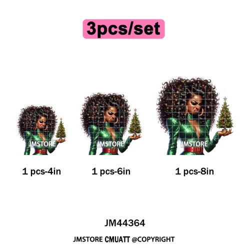 Funny Xmas Afro Glam Girly Gifts Holly Christmas Light Iron on Washable DTF Heat Transfers Stickers Ready to Press for Clothes