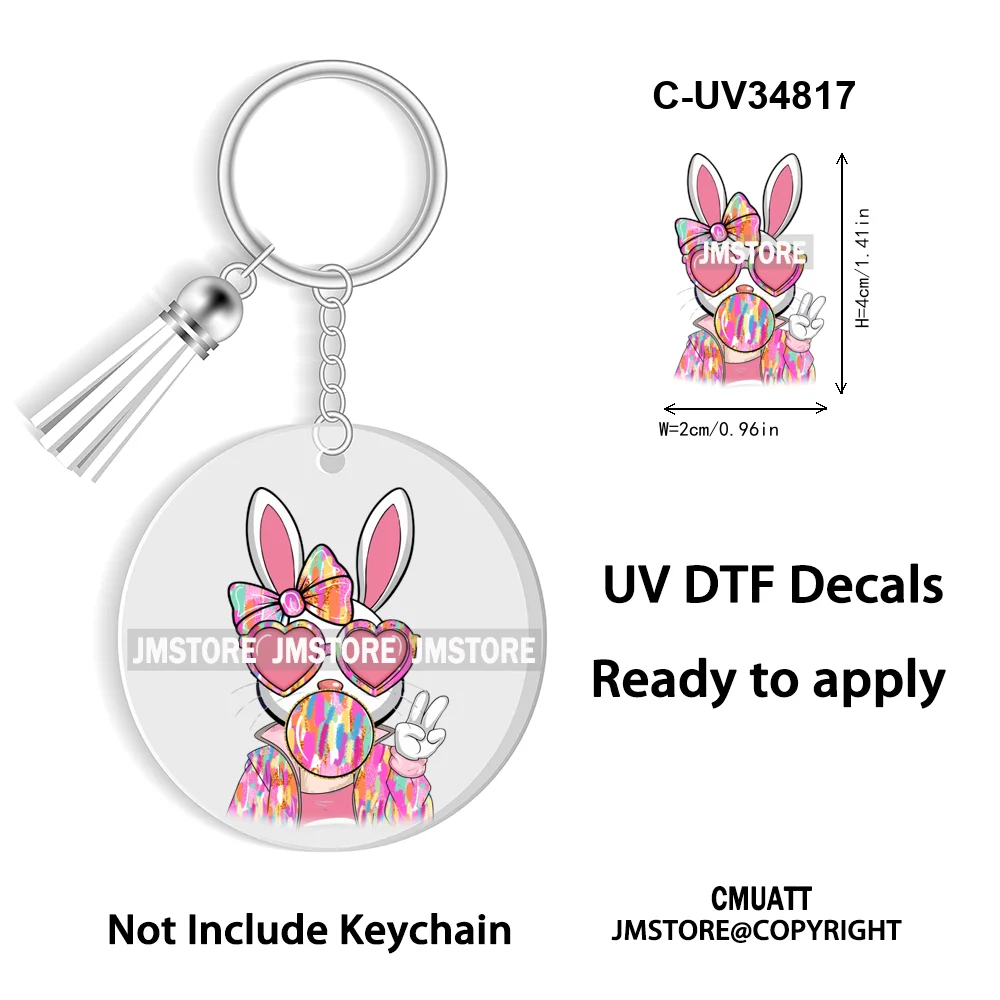 Faux Sequin Glitter Happy Easter Bow Retro Easter Bunny Blowing Bubble UV DTF Stickers for Round Circle Acrylic Keychain Keyring