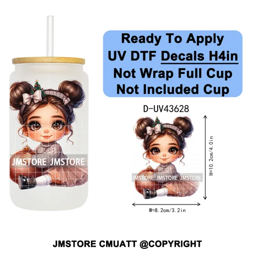 Chibi Cute Mexican Christmas Baby Girl UV DTF Decals Ready To Apply Waterproof Transfer Stickers For 16OZ Libbey Glass Can Mugs