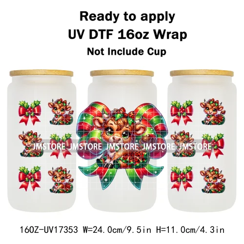 Watercolor Christmas Highland Cows Gift Leopard Print 16OZ UV DTF Cup Wraps Ready To Apply Transfer Sticker For Libbey Glass Can