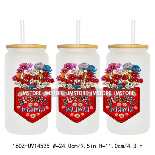 Floral Blessed Mama Leopard Mom 16OZ UV DTF Cup Wraps Ready To Apply Waterproof Transfer Stickers For Libbey Glass Can Tumbler