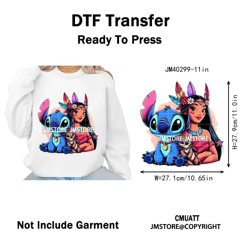 Cute Cartoon Blue Animal Princess Best Friends Designs Iron on DTF Washable Transfers Stickers Ready to Press for Clothing Bags