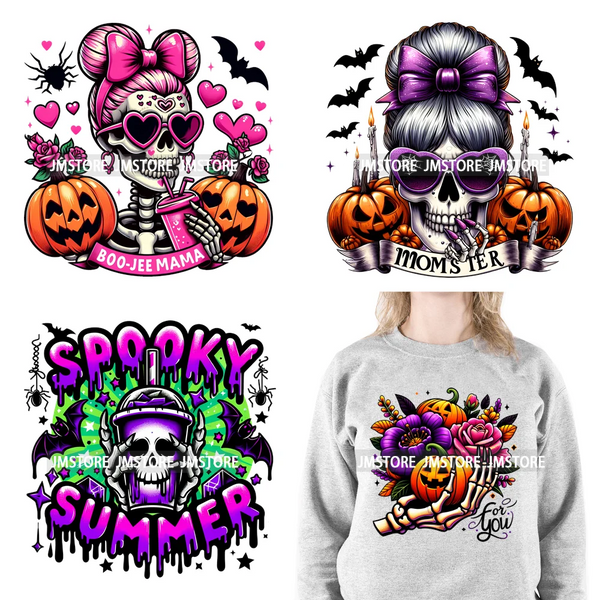 Colorful Coffee Skull Stay Spooky Pumpkin Witch Ghouls Halloween Season Designs DTF Iron On Transfers Stickers For Clothing Bags