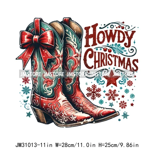 Funny Howdy Christmas Western Cowboy Highland Cow Gingerbread Boots Iron On DTF Transfers Stickers Ready To Press For T-shirts