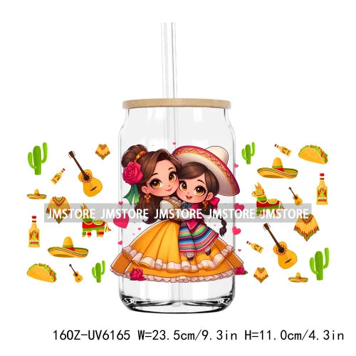 Cartoon Princess Cinco De Mayo Mexican UV DTF Sticker For 16OZ Libbey Glass Cup Can Wrap Transfer Stickers Custom Label DIY Logo